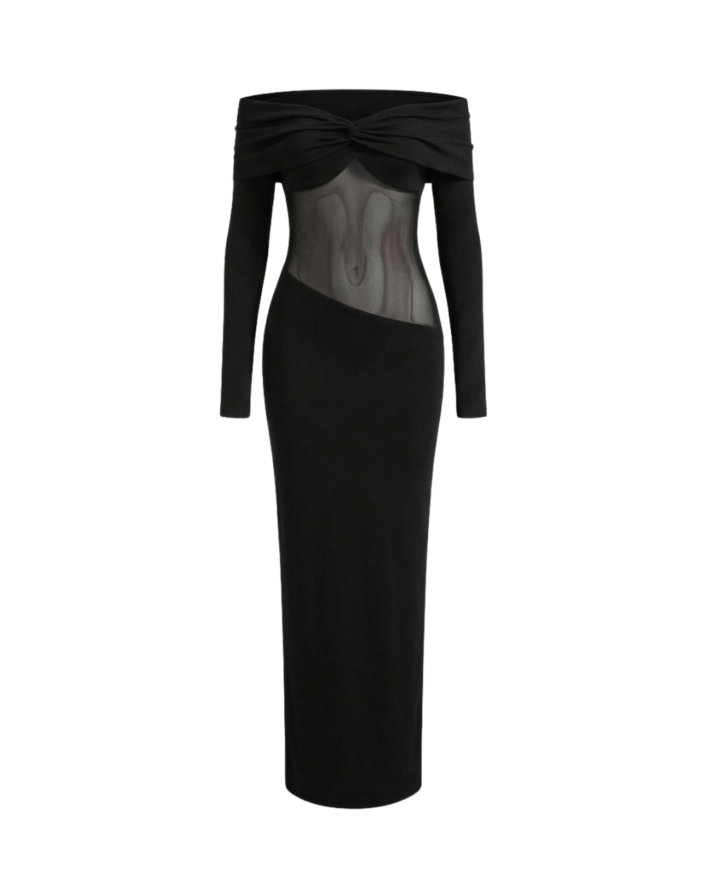 Minuit - Robe Longue Noire Bardot Twist Manches Longues Insert Mesh Transparent Fourreau Ella&No