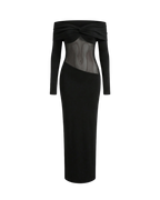 Minuit - Robe Longue Noire Bardot Twist Manches Longues Insert Mesh Transparent Fourreau Ella&No