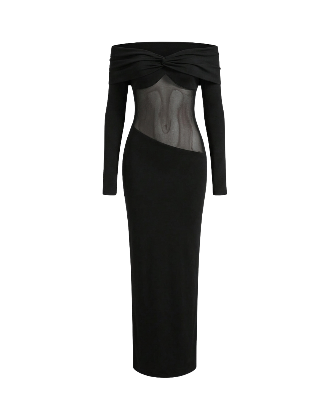 Minuit - Robe Longue Noire Bardot Twist Manches Longues Insert Mesh Transparent Fourreau Ella&No