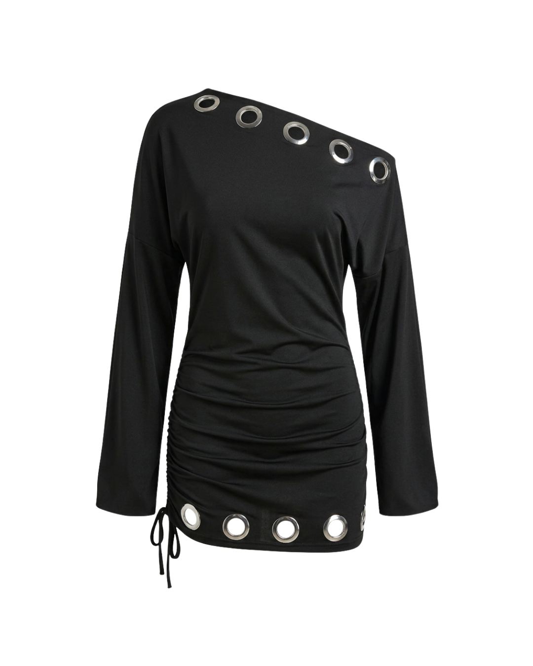 Eclipse - Mini Robe Noire Asymetrique Epaule Unique Oeillets Argentes Fronces Coulissants Manches Cloche Ella&No