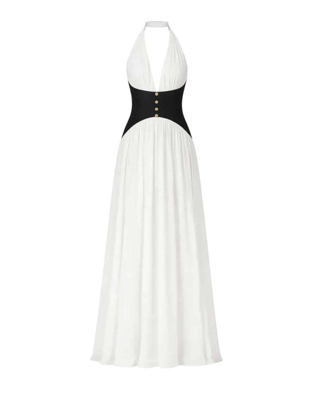 Olympe White Halter Maxi Dress Black Corset Gold Buttons | Ella&No Olympe White Halter Maxi Dress Black Corset Gold Buttons | Ella&No