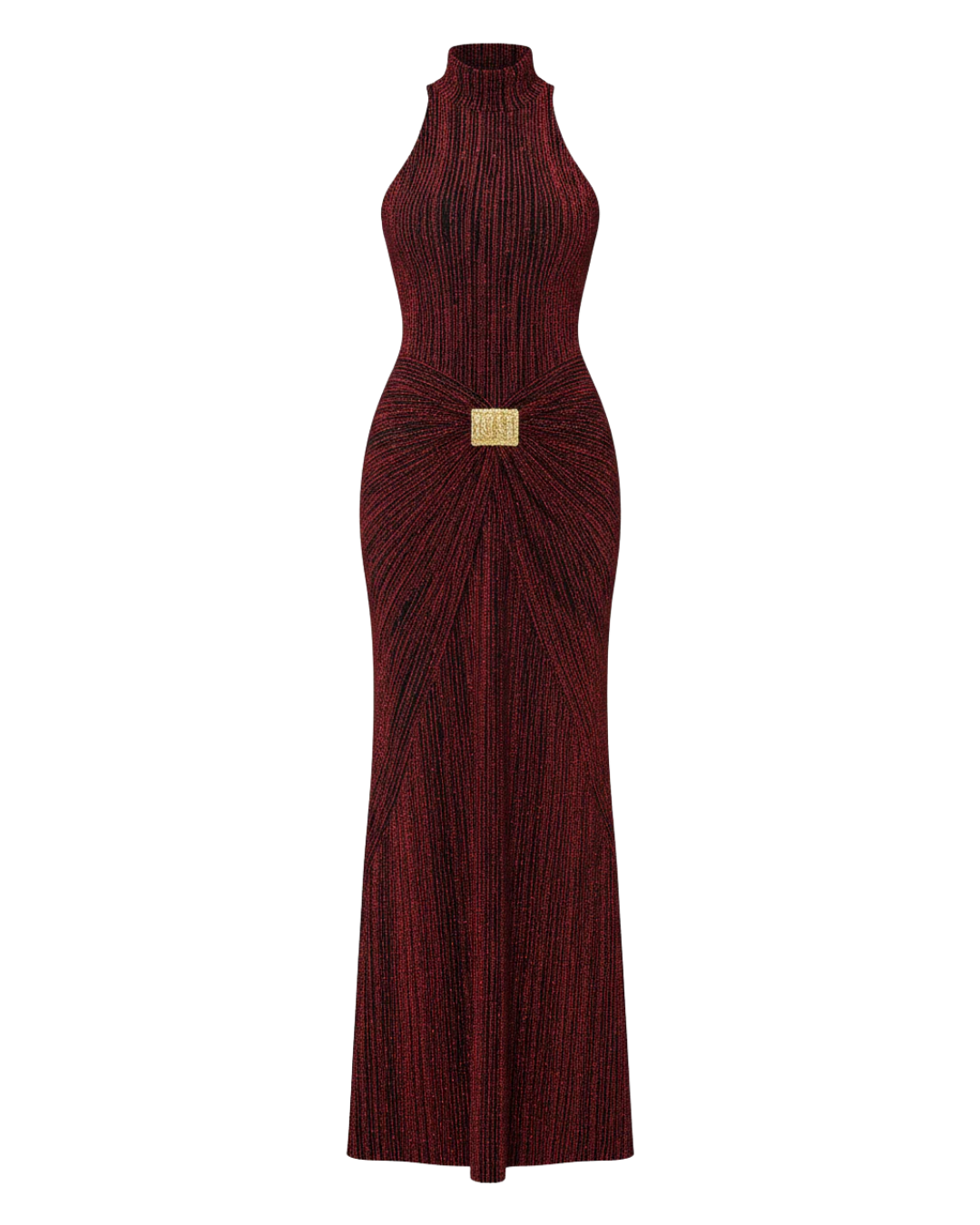 L'Énigmatique – Robe Longue Drapée à Col Montant & Boucle Dorée Ella&No