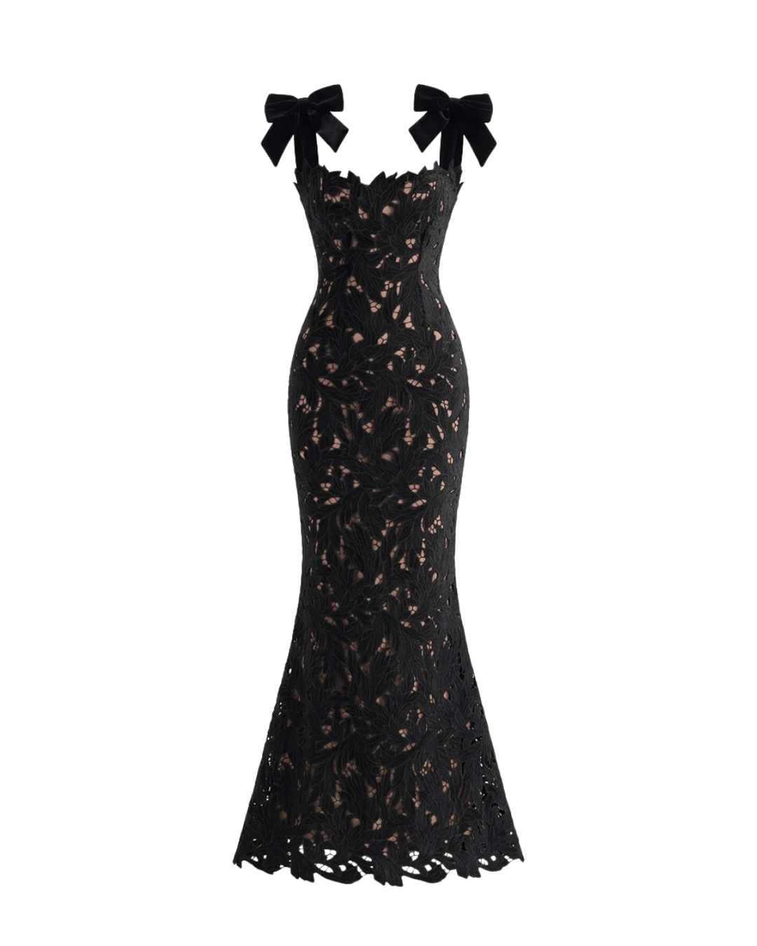 Selma – Robe Longue Sans Manches Tissu Laiteux Col Haut Nœud Dentelle Ella&No
