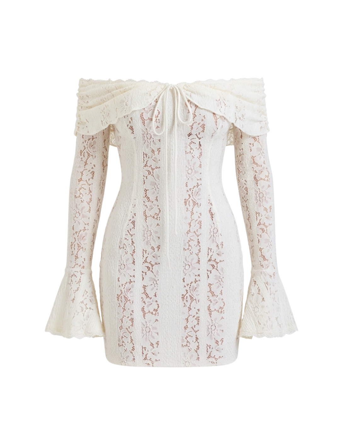 Sadie – Mini Robe Dentelle Florale Épaules Dénudées Manches Évasées Corsage Baleiné Ella&No