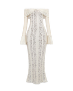 Élégance et Séduction - Robe blanche en dentelle à manches longues et épaules dénudées Ella&No