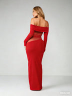 Minuit - Robe Longue Noire Bardot Twist Manches Longues Insert Mesh Transparent Fourreau Ella&No