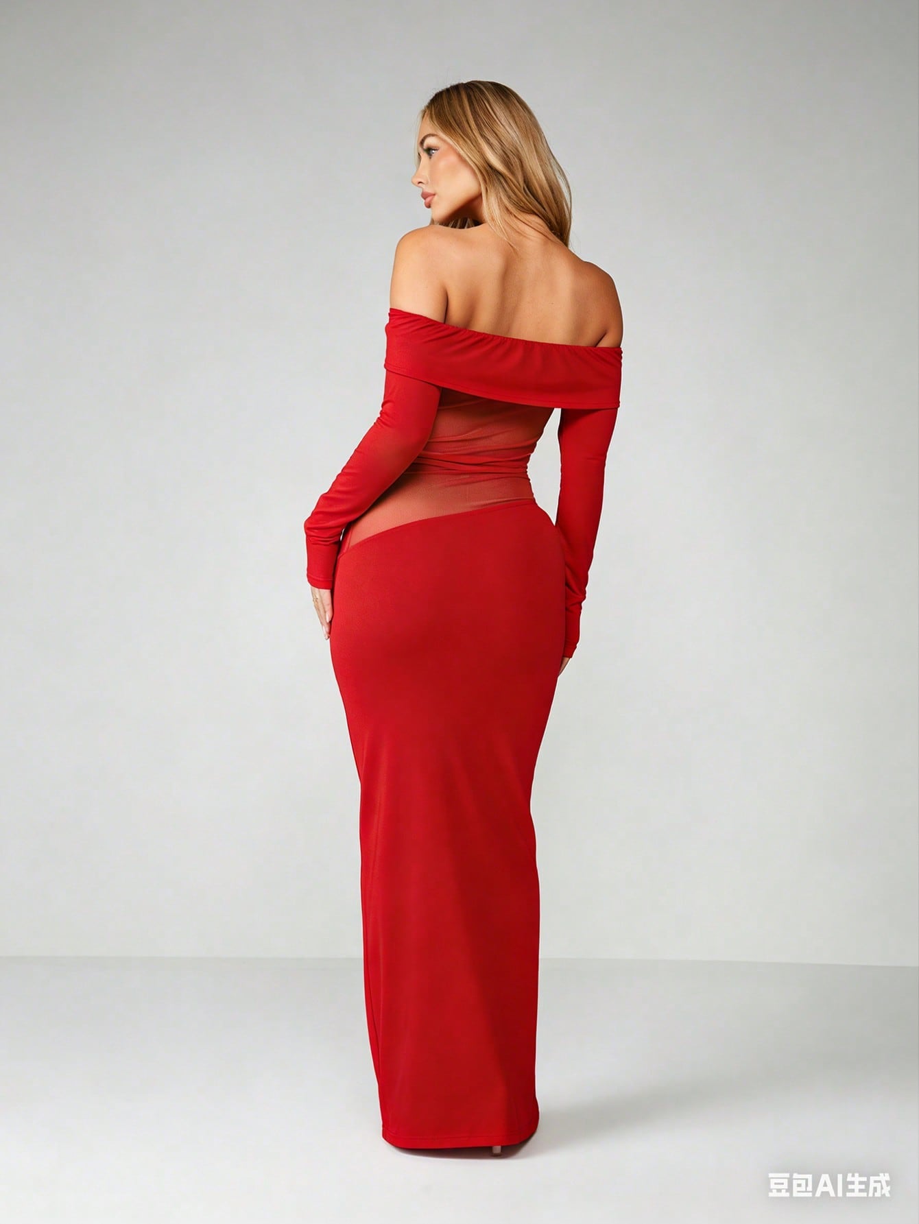Minuit - Robe Longue Noire Bardot Twist Manches Longues Insert Mesh Transparent Fourreau Ella&No
