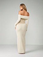 Minuit - Robe Longue Noire Bardot Twist Manches Longues Insert Mesh Transparent Fourreau Ella&No