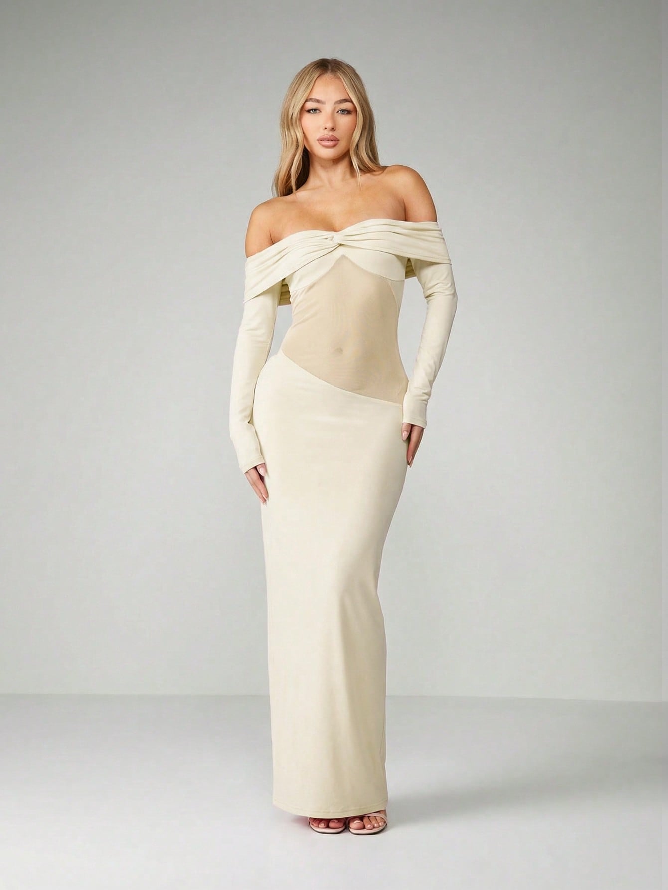 Minuit - Robe Longue Noire Bardot Twist Manches Longues Insert Mesh Transparent Fourreau Ella&No