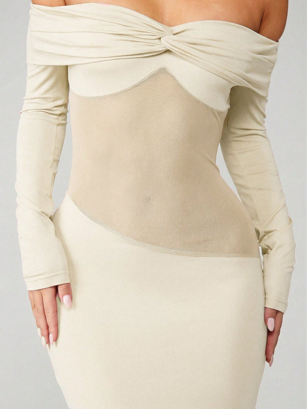 Minuit - Robe Longue Noire Bardot Twist Manches Longues Insert Mesh Transparent Fourreau Ella&No