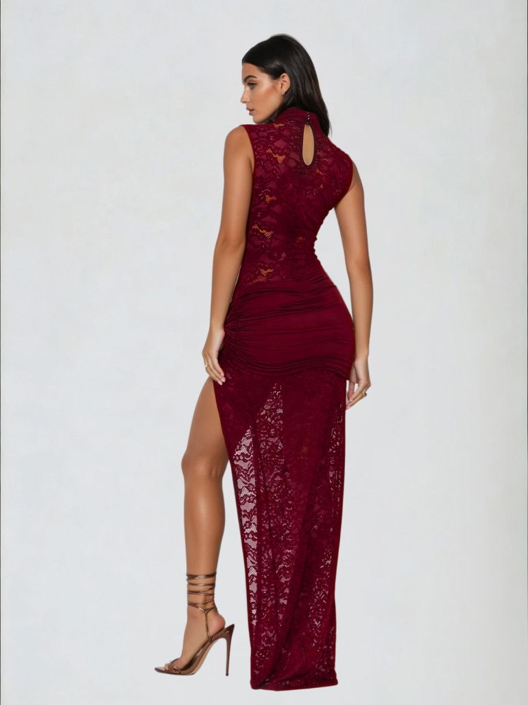 Sira – Robe Longue Dentelle Stretch Découpes Trou de Serrure Sans Manches Ella&No