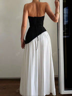 Élina – Robe Courte Bicolore Noir Blanc Épaules Dénudées Ruban Couture Ella&No