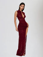Sira – Robe Longue Dentelle Stretch Découpes Trou de Serrure Sans Manches Ella&No