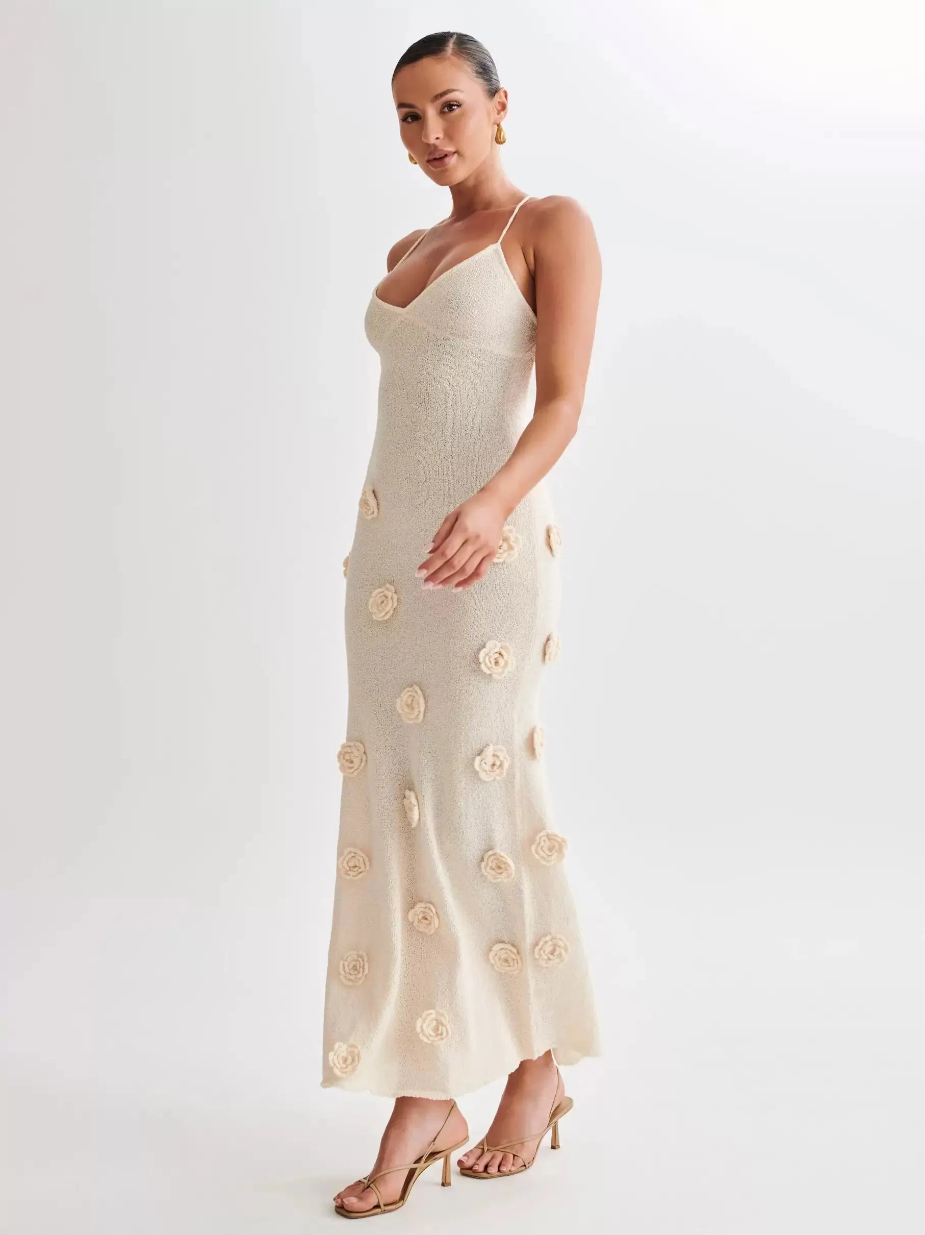 Robe Coquette – Robe Maxi pull tricoté à fleurs 3D Ella&No