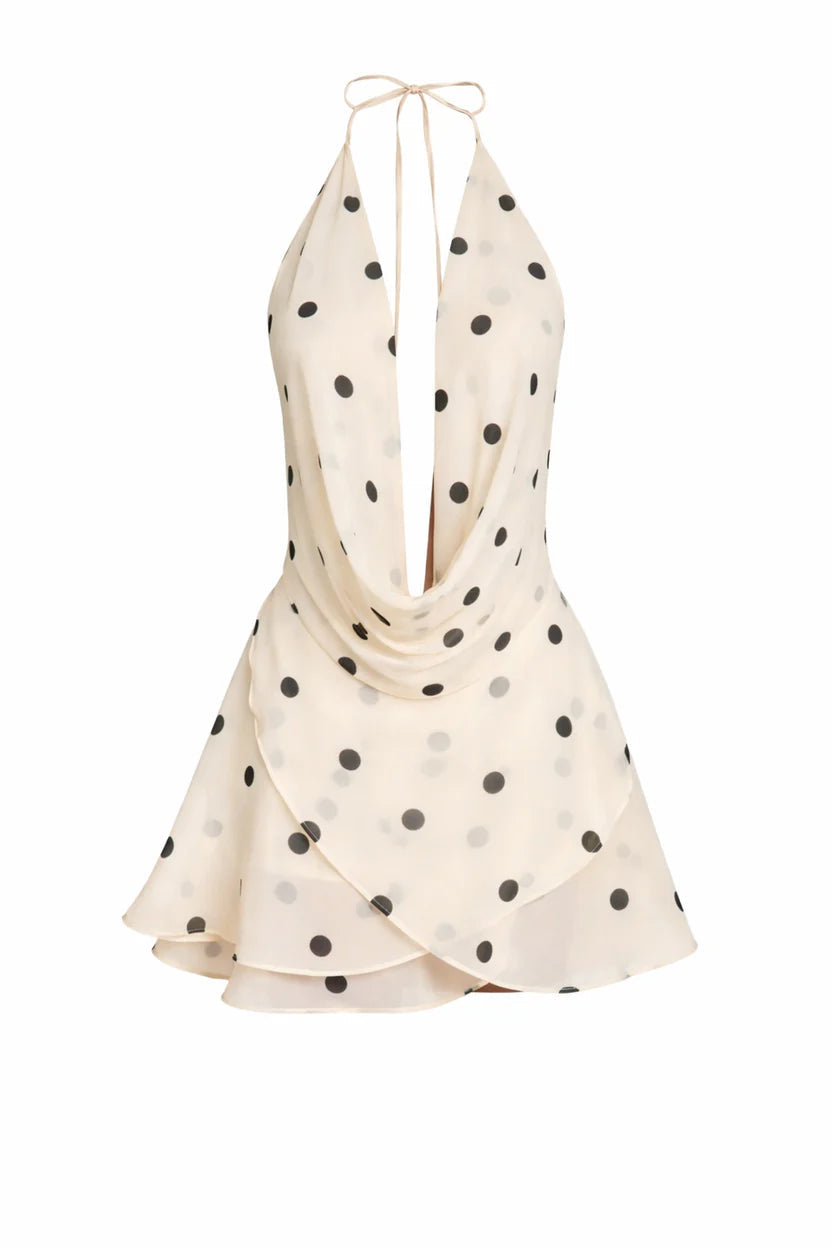 Sheer Polka Dot Backless Halter Mini Dress Ella&No