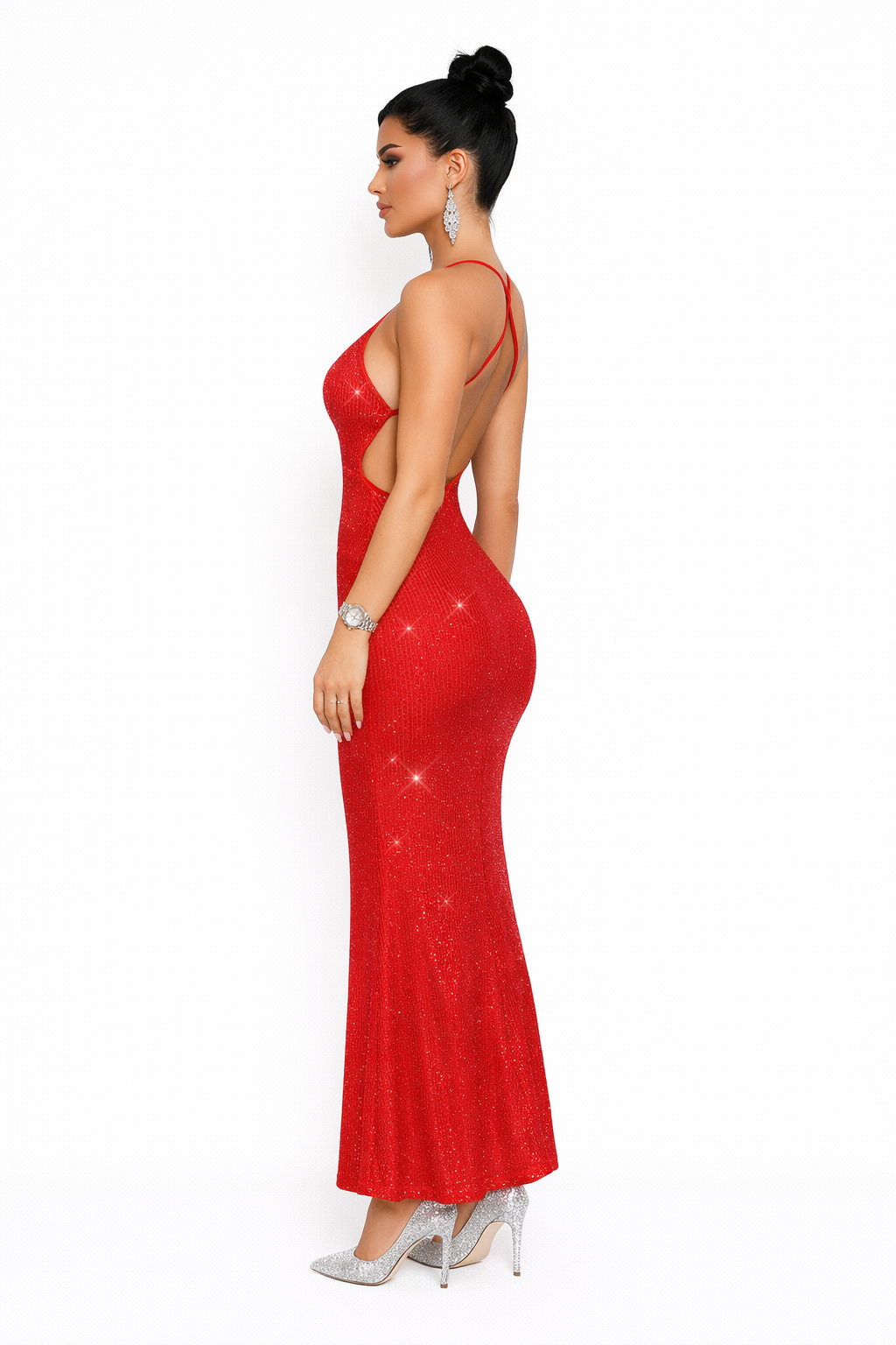 Jessica – Robe de Soirée Scintillante Rouge à Découpes