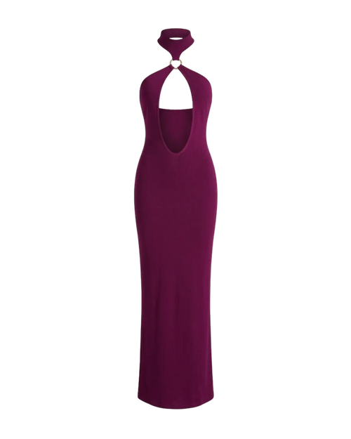Amethyste - Robe Longue Fourreau Col Halter Anneau Dore Cut-Out Lateral Dos Nu Integral Ella&No