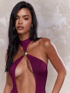 Amethyste - Robe Longue Fourreau Col Halter Anneau Dore Cut-Out Lateral Dos Nu Integral Ella&No