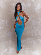 Amethyste - Robe Longue Fourreau Col Halter Anneau Dore Cut-Out Lateral Dos Nu Integral Ella&No