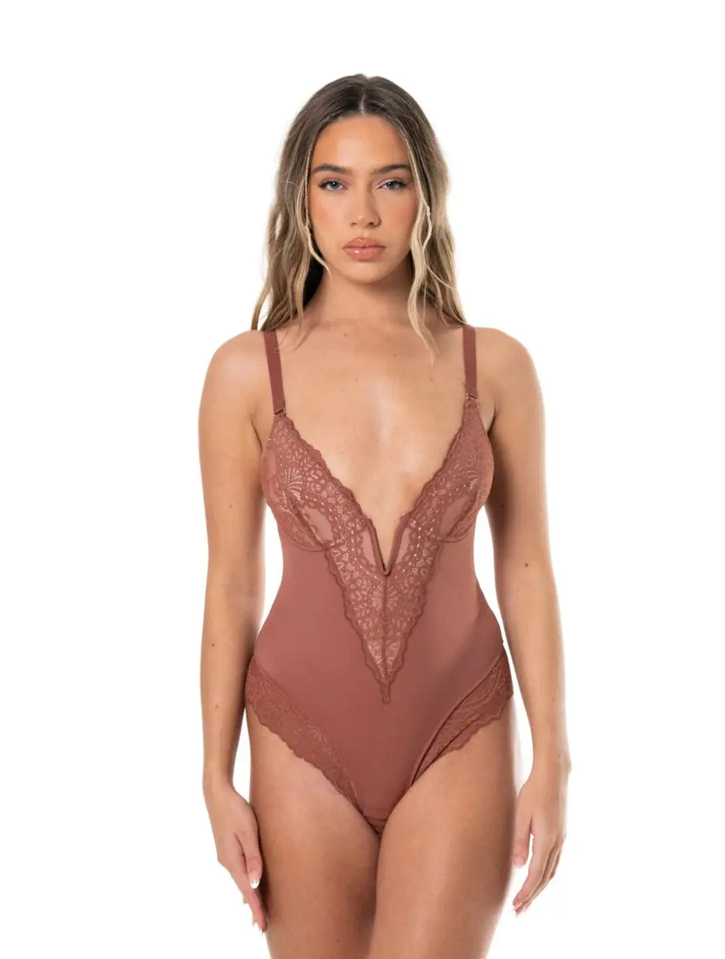 Bodysuit à col en V et demi-dentelle Ella&No
