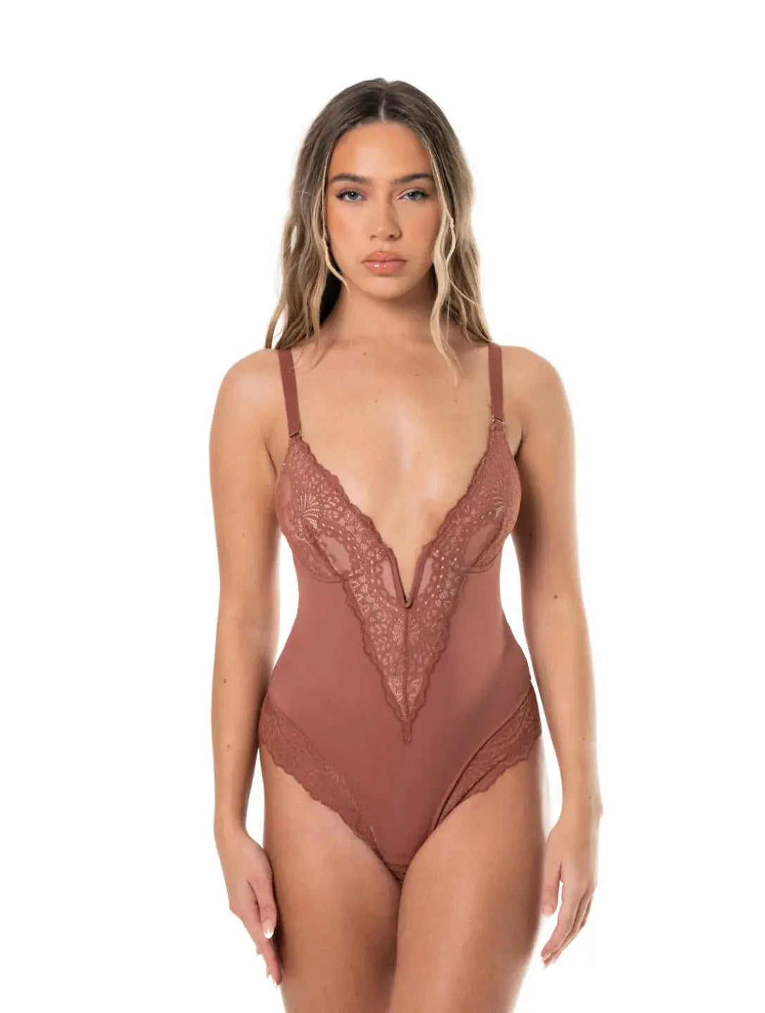 Bodysuit à col en V et demi-dentelle Ella&No