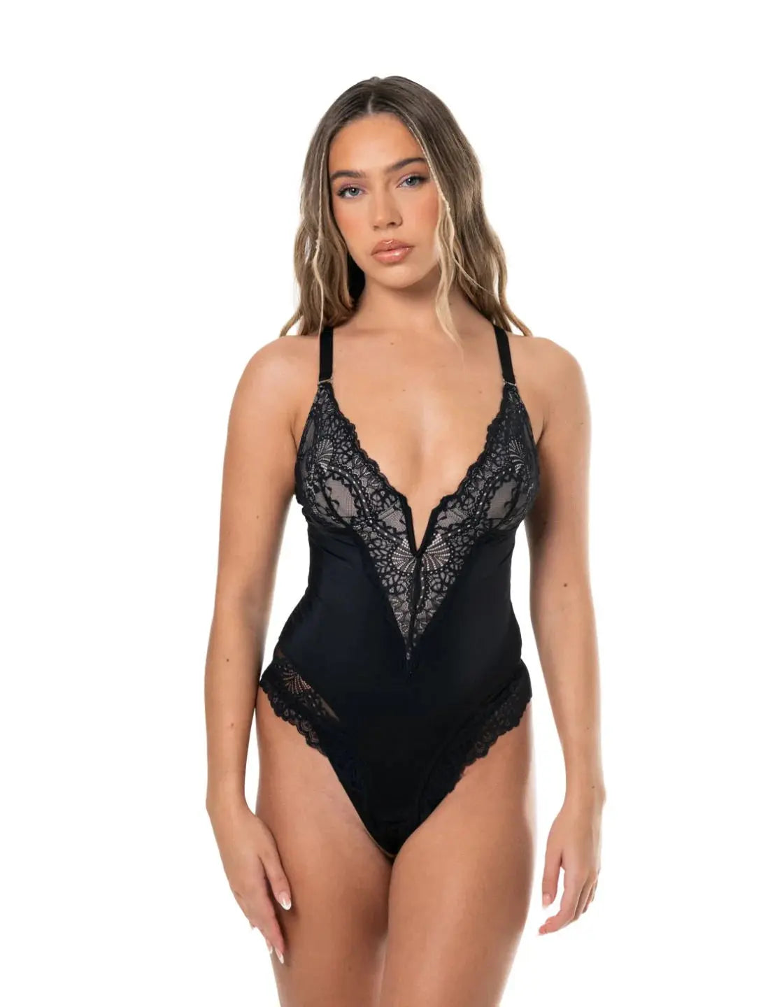 Bodysuit à col en V et demi-dentelle Ella&No