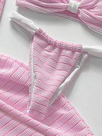 Bow Riviera – Ensemble 3 Pièces Bikini Bandeau Nœud & Jupe Maxi Rayée Texturée Ella&No