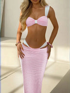 Bow Riviera – Ensemble 3 Pièces Bikini Bandeau Nœud & Jupe Maxi Rayée Texturée Ella&No