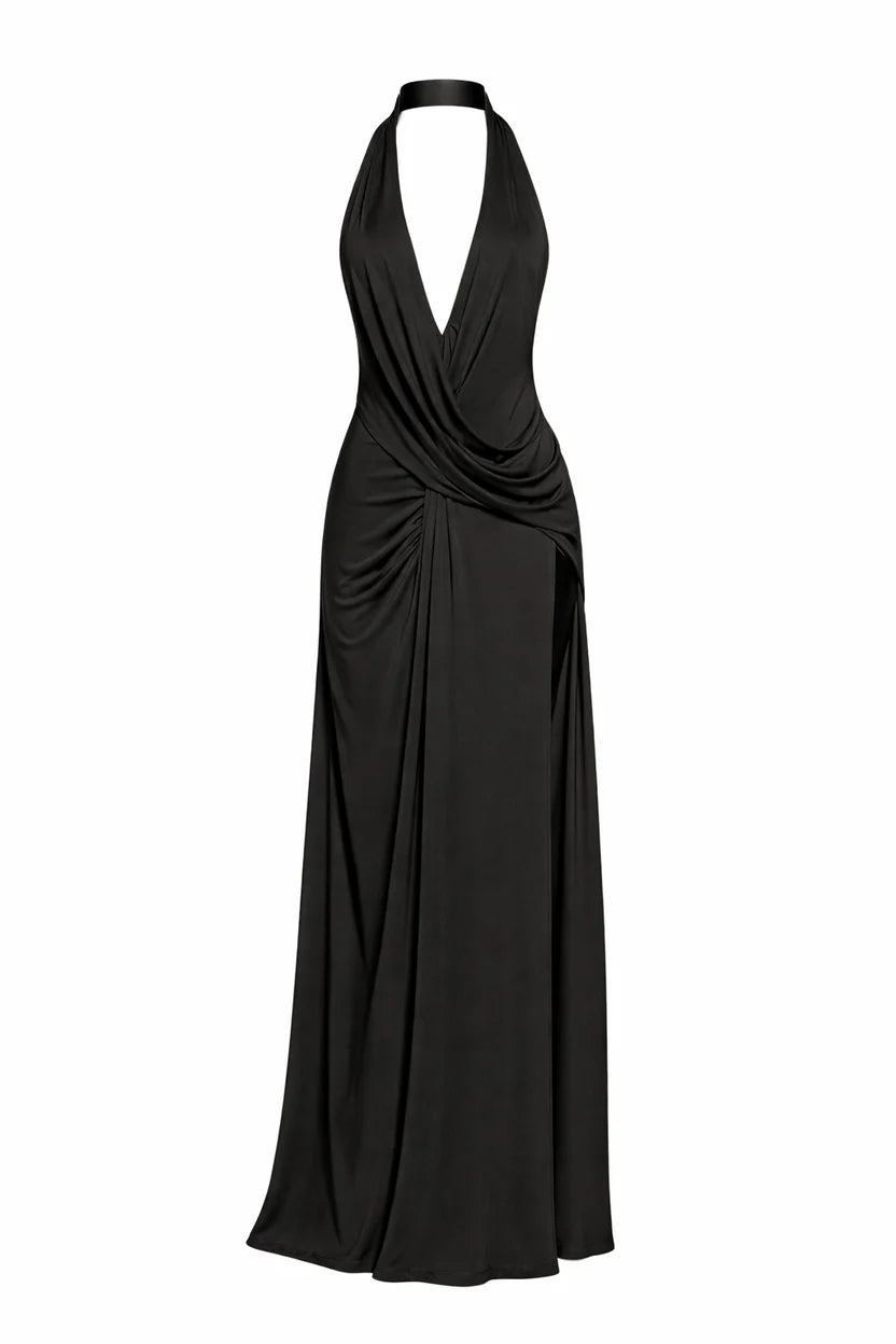 Noiréa – Robe Maxi Halter Noire Décolleté V Plongeant & Dos Nu Ella&No