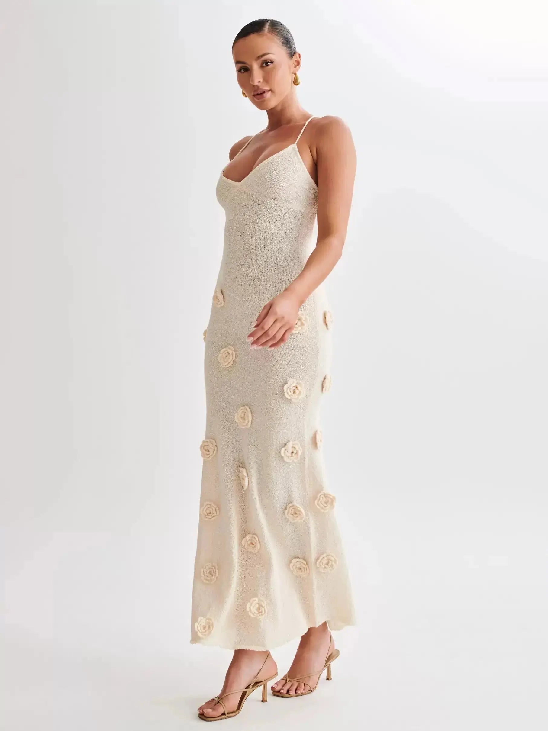Robe Coquette – Robe Maxi pull tricoté à fleurs 3D Ella&No