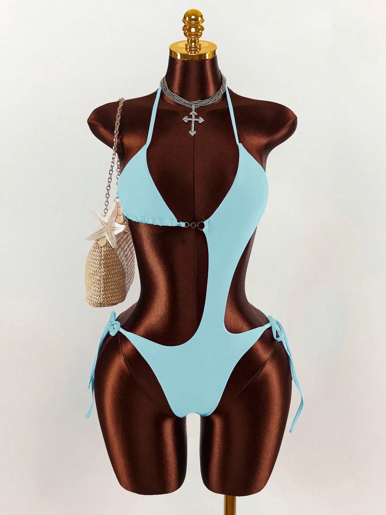 Diamant Turquoise – Monokini Une Pièce Cut-Out Strass & Anneau Doré Liens Latéraux Ella&No