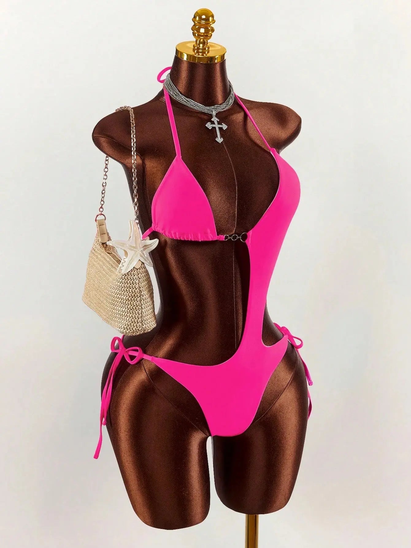 Diamant Turquoise – Monokini Une Pièce Cut-Out Strass & Anneau Doré Liens Latéraux Ella&No