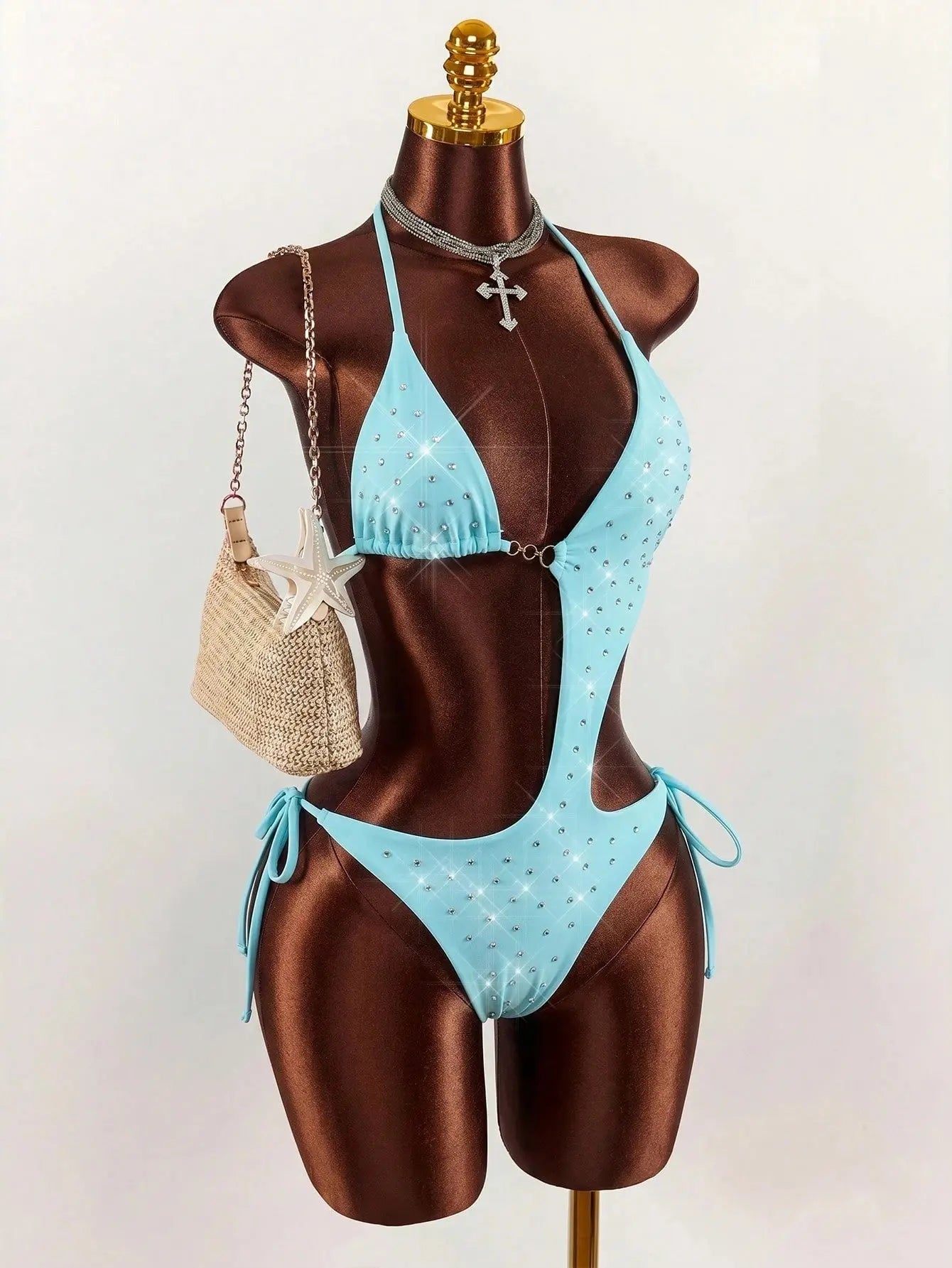 Diamant Turquoise – Monokini Une Pièce Cut-Out Strass & Anneau Doré Liens Latéraux Ella&No