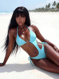 Diamant Turquoise – Monokini Une Pièce Cut-Out Strass & Anneau Doré Liens Latéraux Ella&No