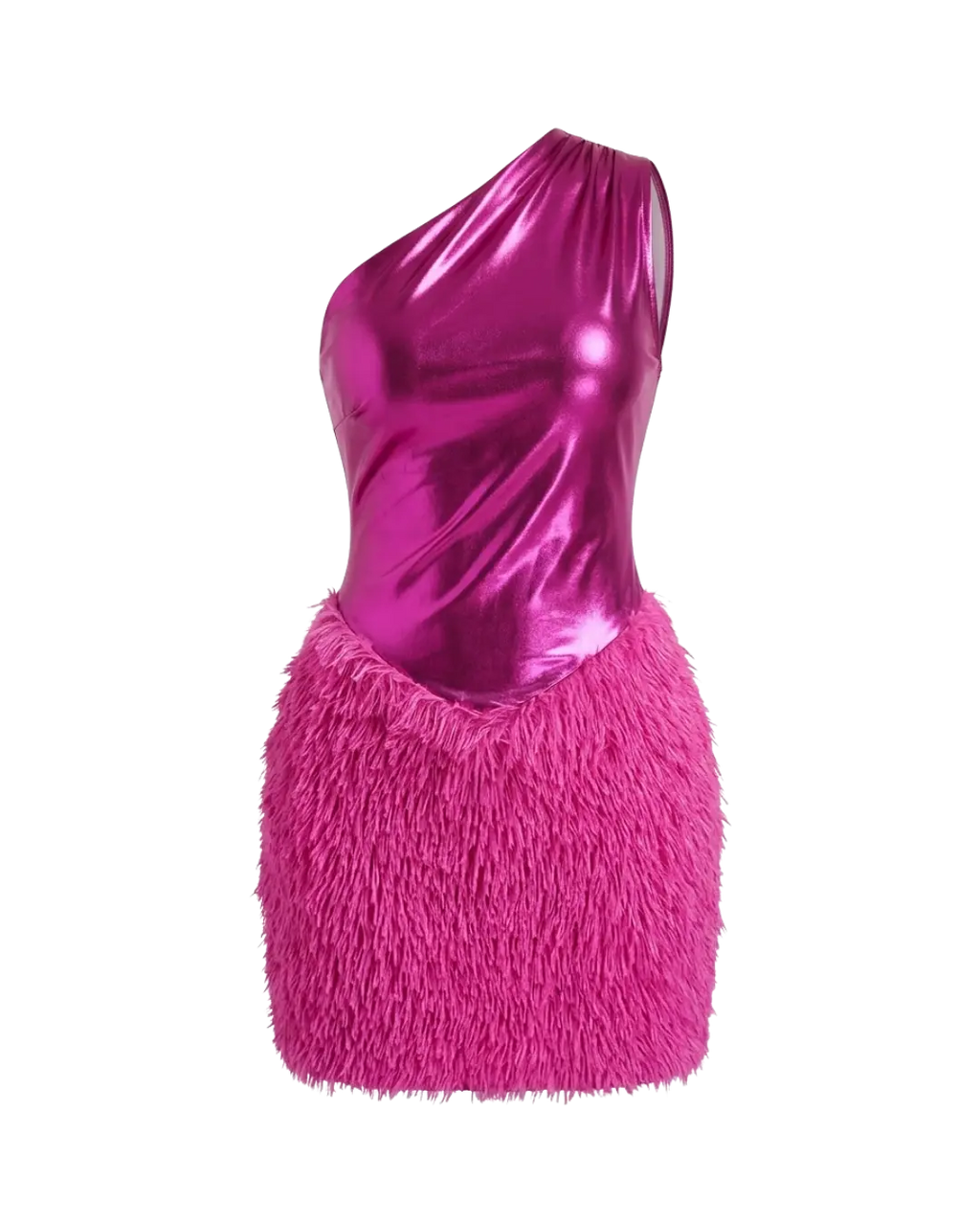 Diva – Mini Robe Asymétrique Fuchsia Ourlet Plumes Métalliques Ella&No