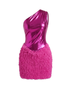 Diva – Mini Robe Asymétrique Fuchsia Ourlet Plumes Métalliques Ella&No