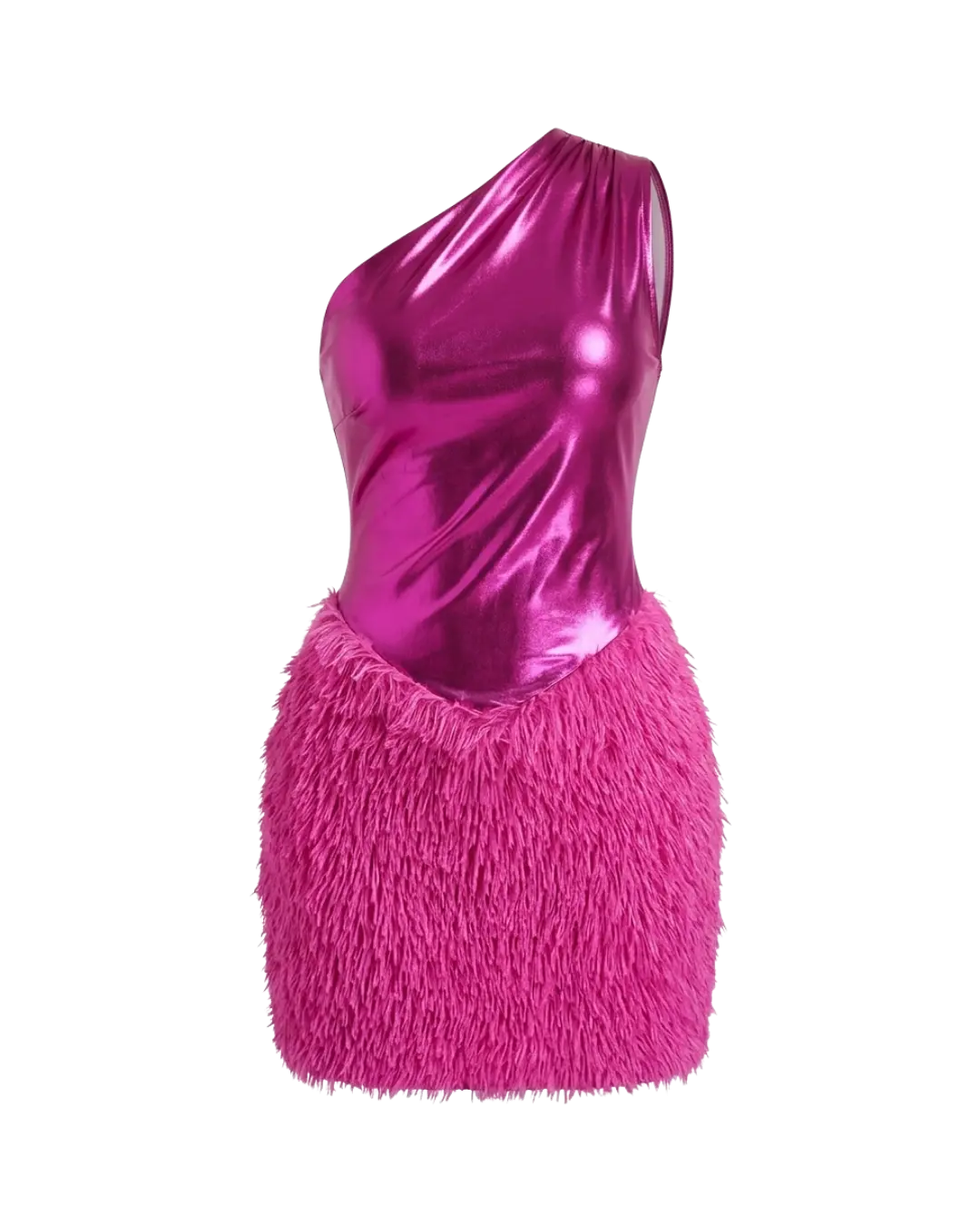 Diva – Mini Robe Asymétrique Fuchsia Ourlet Plumes Métalliques Ella&No