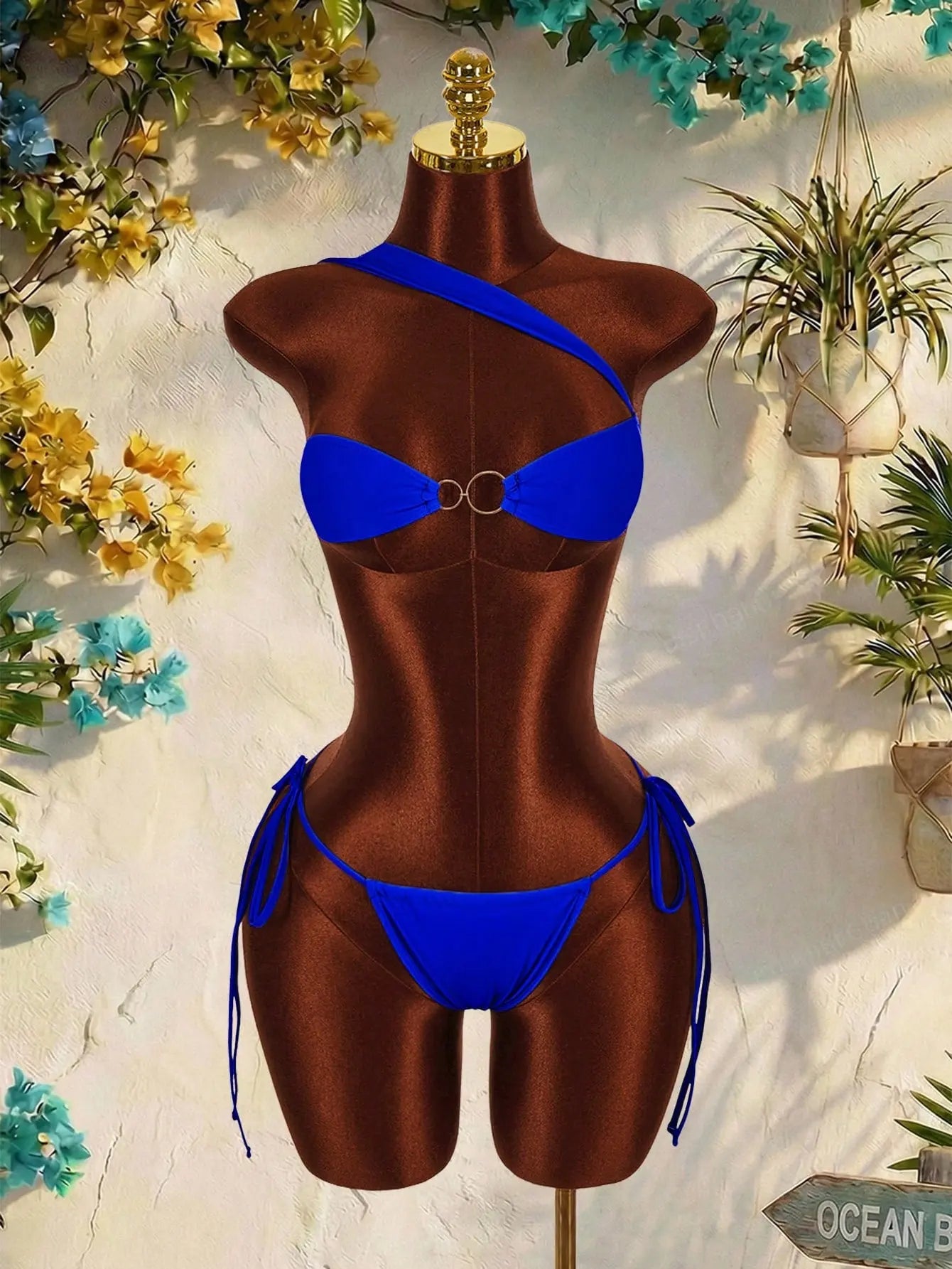 Éclat Royal – Ensemble 3 Pièces Bikini Bandeau Anneau Doré & Jupe Drapée Liens Latéraux Ella&No
