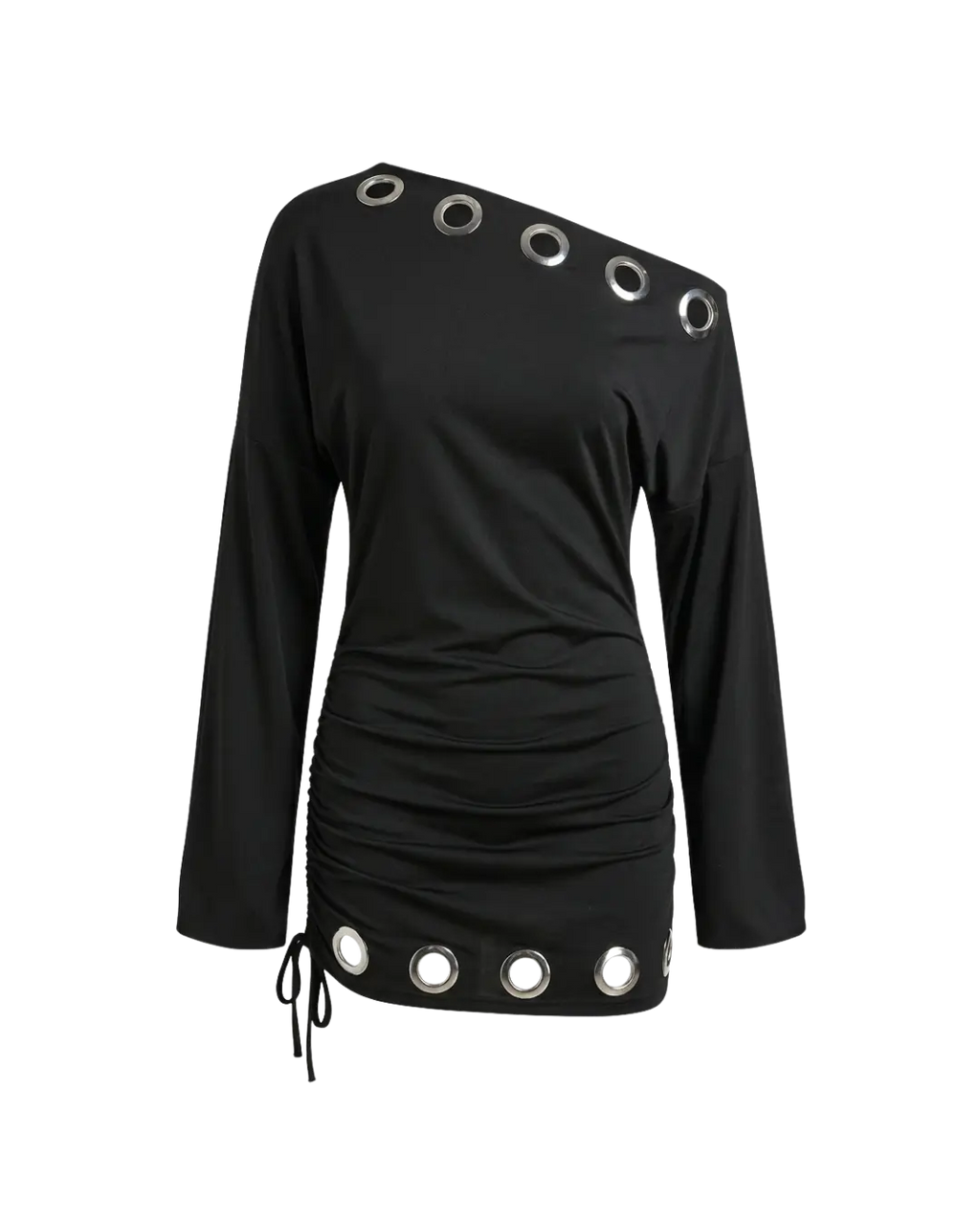 Eclipse - Mini Robe Noire Asymetrique Epaule Unique Oeillets Argentes Fronces Coulissants Manches Cloche Ella&No