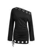 Eclipse - Mini Robe Noire Asymetrique Epaule Unique Oeillets Argentes Fronces Coulissants Manches Cloche Ella&No