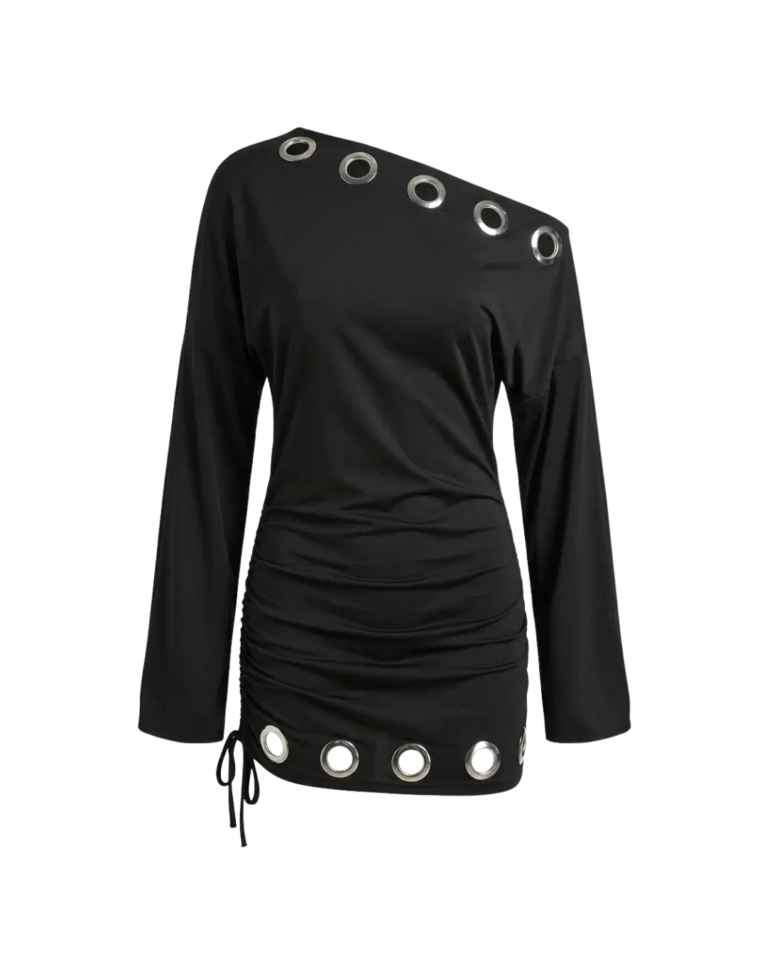 Eclipse - Mini Robe Noire Asymetrique Epaule Unique Oeillets Argentes Fronces Coulissants Manches Cloche Ella&No