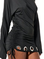 Eclipse - Mini Robe Noire Asymetrique Epaule Unique Oeillets Argentes Fronces Coulissants Manches Cloche Ella&No