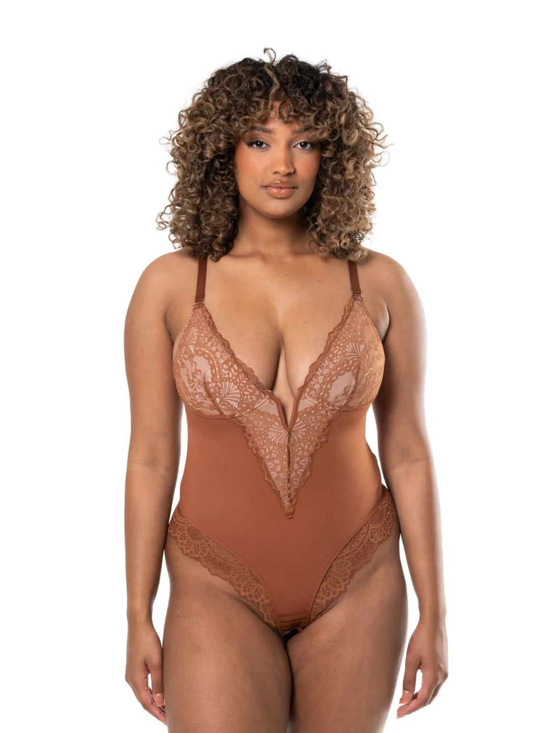 Bodysuit à col en V et demi-dentelle