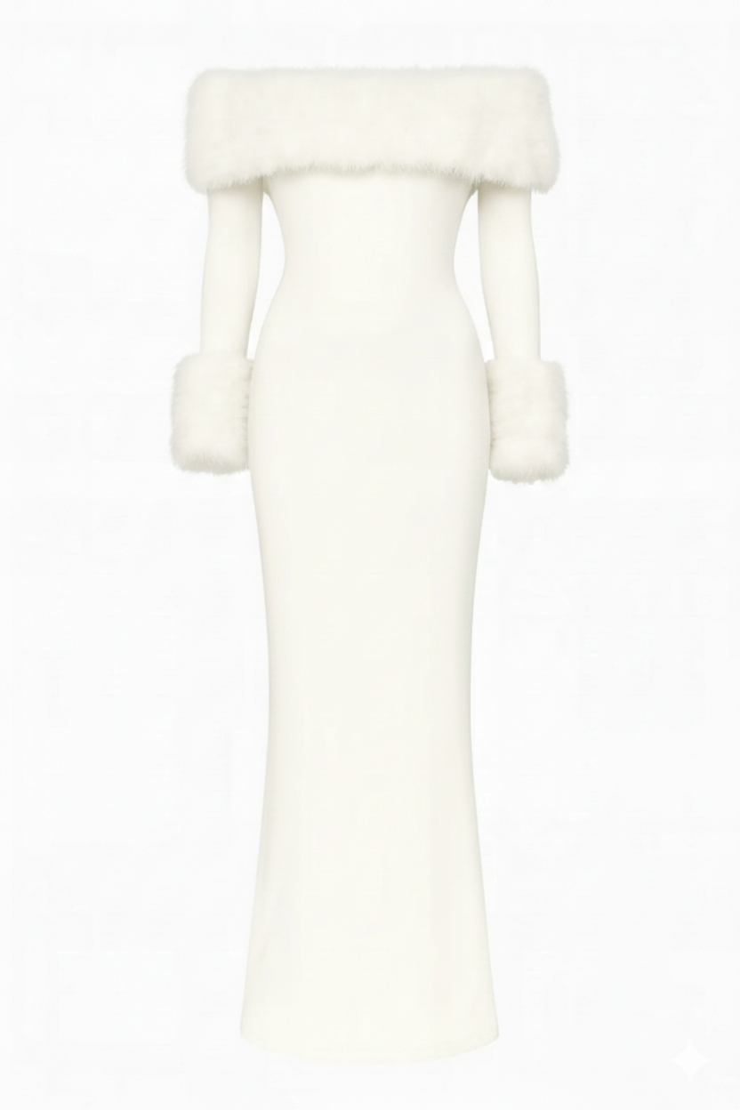 Anastasia – Robe Longue en Maille & Fausse Fourrure