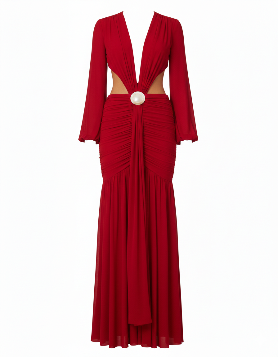 L’Énigmatique – Robe Longue en Voile Dévoré & Poignets Plumes