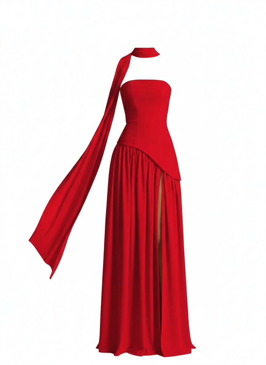 Hera – Robe de Soirée Bustier Rouge à Voile Asymétrique