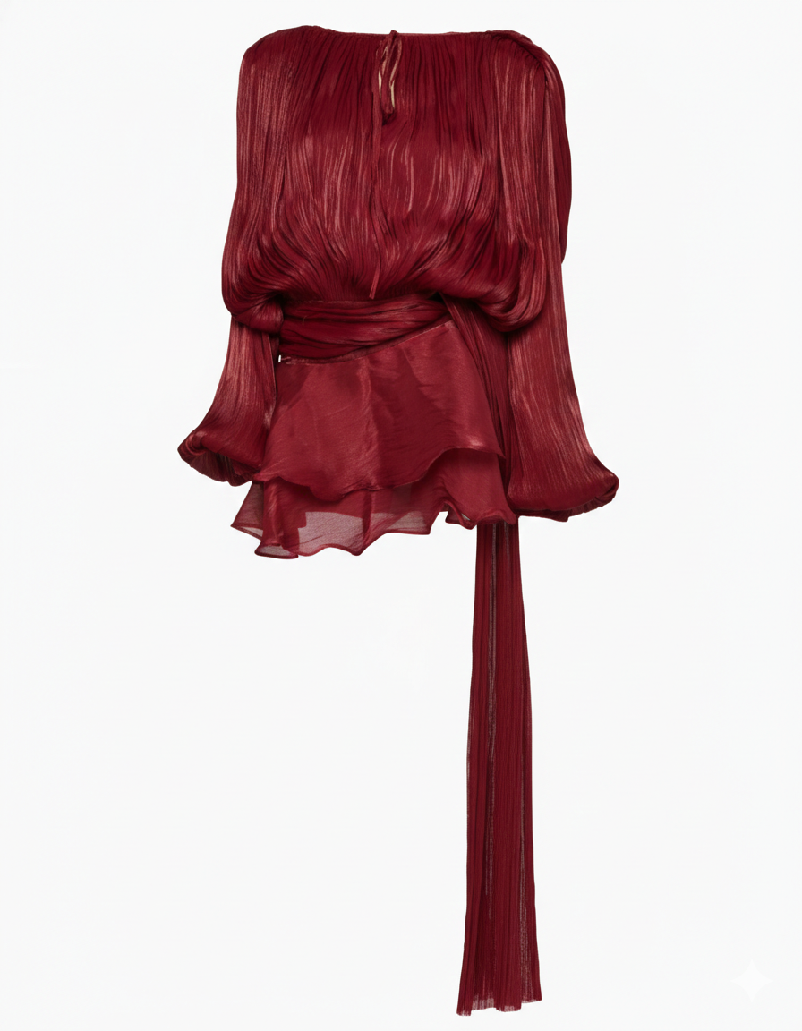 Amara – Robe Plissée Bordeaux à Manches Ballon