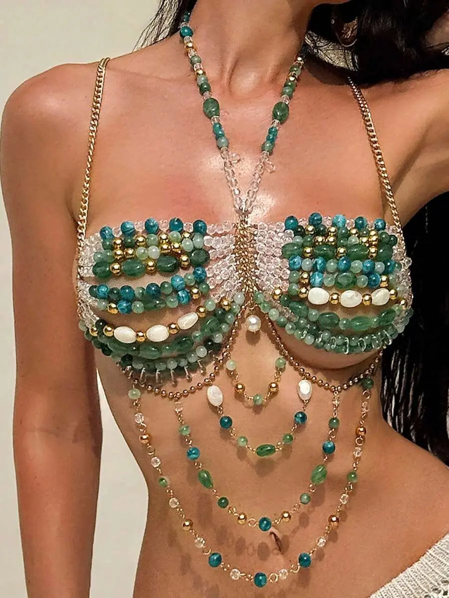Goddess Beads – Haut Bijou Brassière Perles & Chaînes Dorées Multi-Rangs Ella&No
