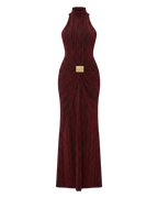 L'Énigmatique – Robe Longue Drapée à Col Montant & Boucle Dorée Ella&No
