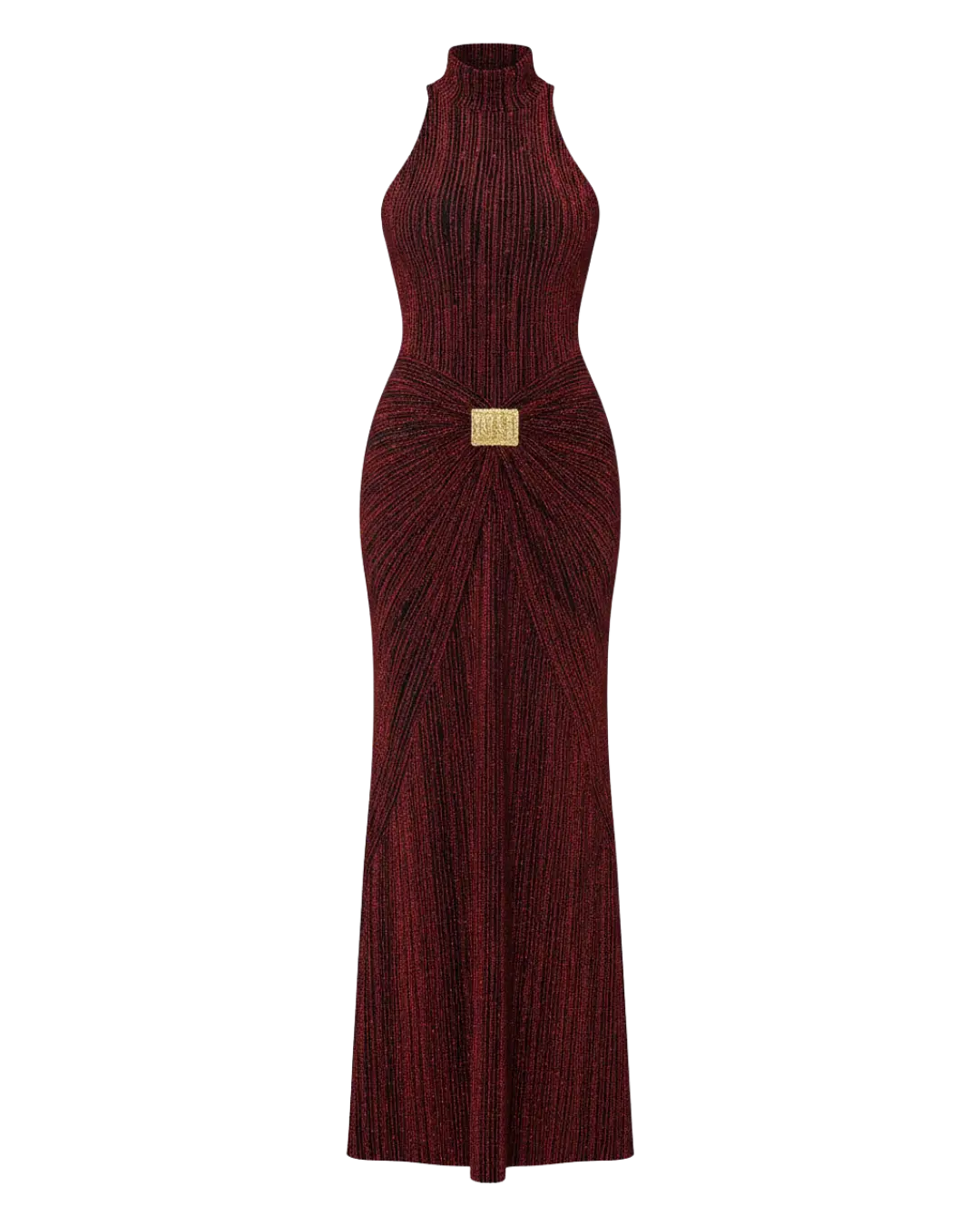 L'Énigmatique – Robe Longue Drapée à Col Montant & Boucle Dorée Ella&No